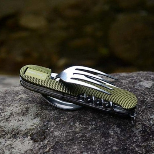 Folding Spoon Fork 7-in-1 Camping Hiking Cutlery Travel Multitool Kit